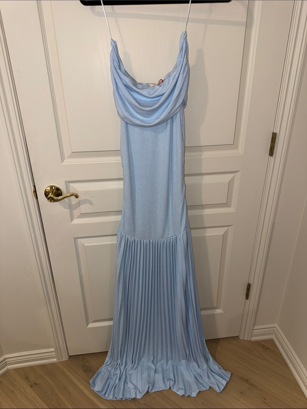 Olivaceous Light Blue Draped Cowl Pleated Maxi Dress